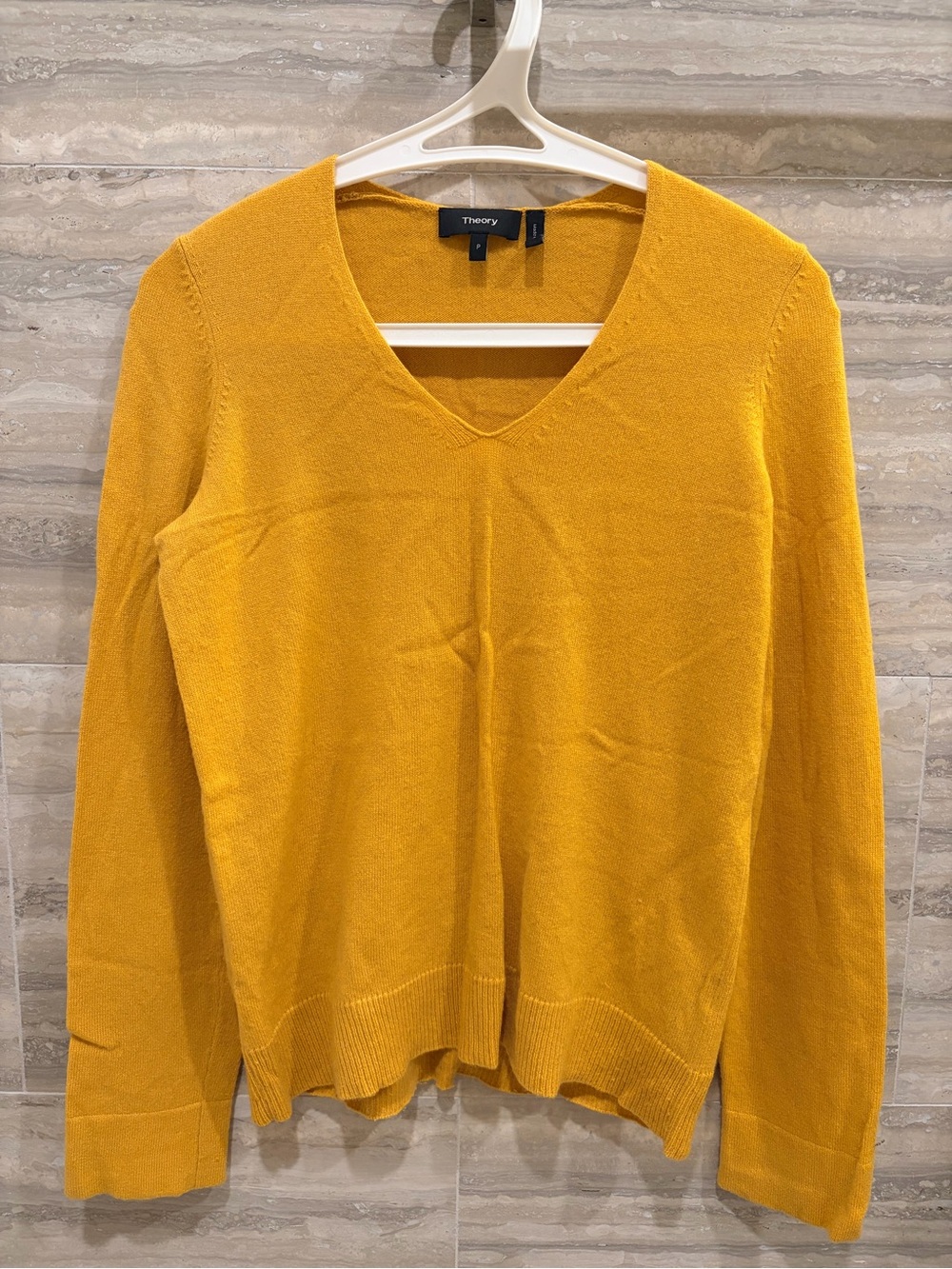 Theory V-Neck Sweater in Mustard, 100% cashmere